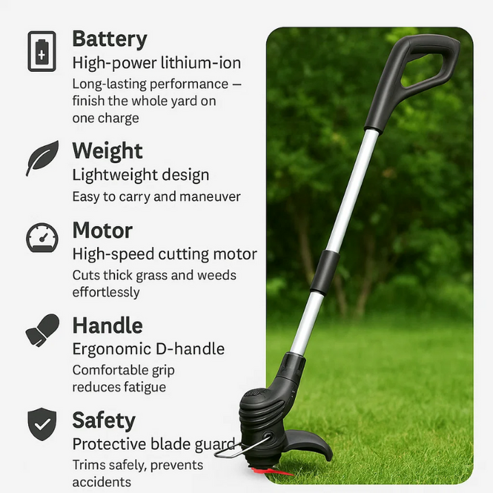 "Cordless lightweight high-power grass trimmer with ergonomic handle, cutting thick grass; ideal for easy lawn care."