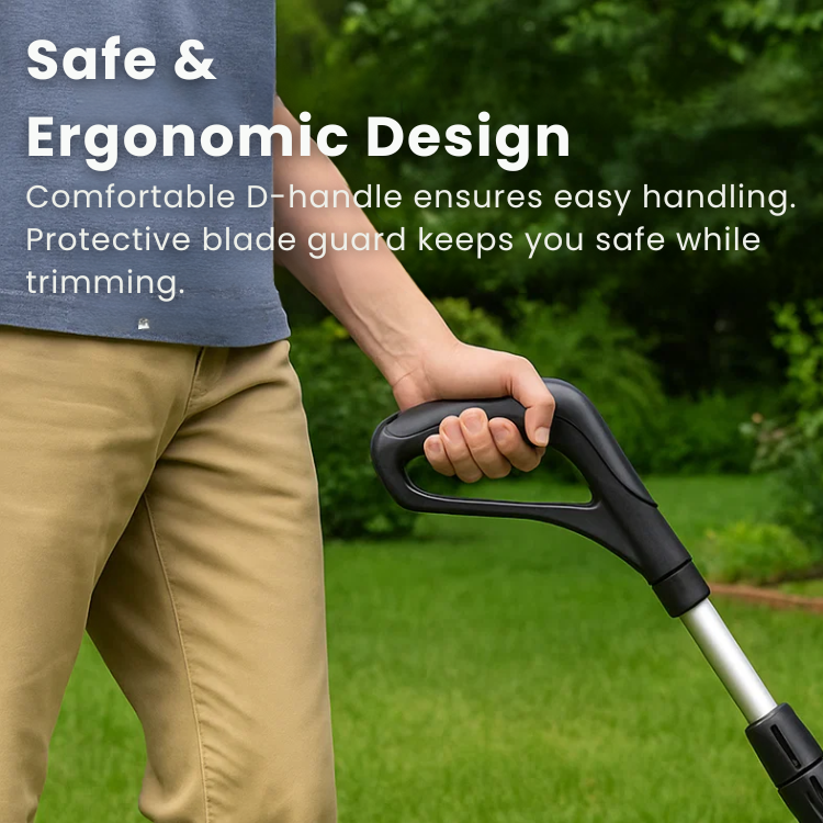 "Cordless lightweight high-power grass trimmer with ergonomic handle, cutting thick grass; ideal for easy lawn care."