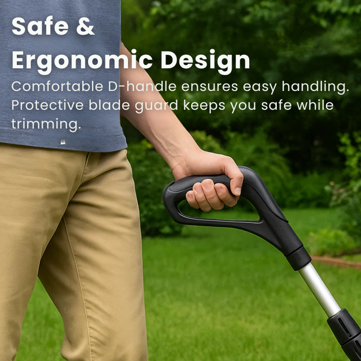 "Cordless lightweight high-power grass trimmer with ergonomic handle, cutting thick grass; ideal for easy lawn care."
