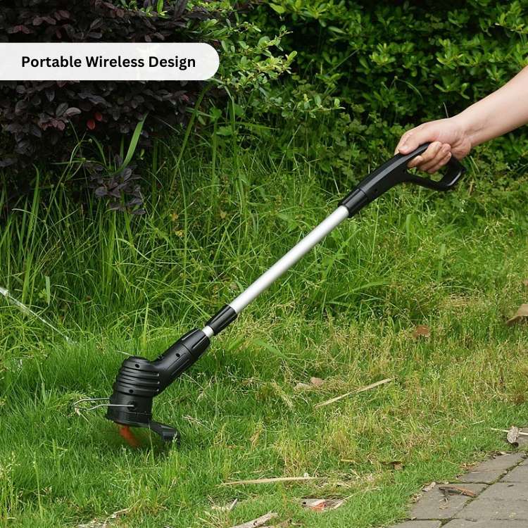 "Cordless lightweight high-power grass trimmer with ergonomic handle, cutting thick grass; ideal for easy lawn care."
