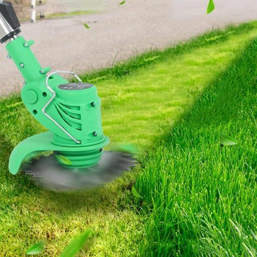 Cordless weed eater showing battery power, sleek design, ergonomic handle, ideal for grass trimming in gardens.