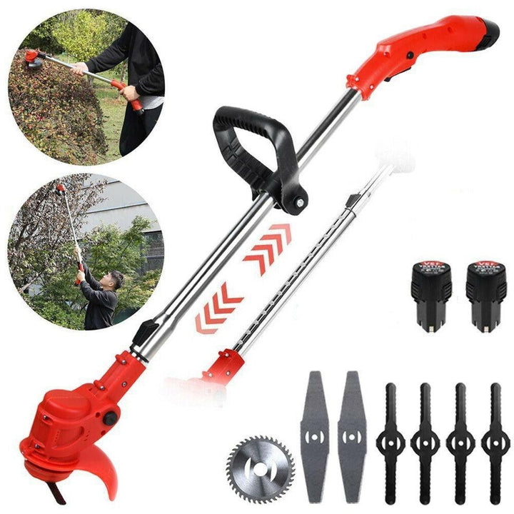 Cordless weed eater showing battery power, sleek design, ergonomic handle, ideal for grass trimming in gardens.