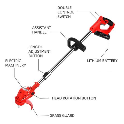 Cordless weed eater showing battery power, sleek design, ergonomic handle, ideal for grass trimming in gardens.