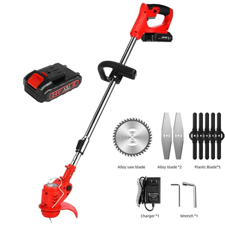 Cordless weed eater showing battery power, sleek design, ergonomic handle, ideal for grass trimming in gardens.