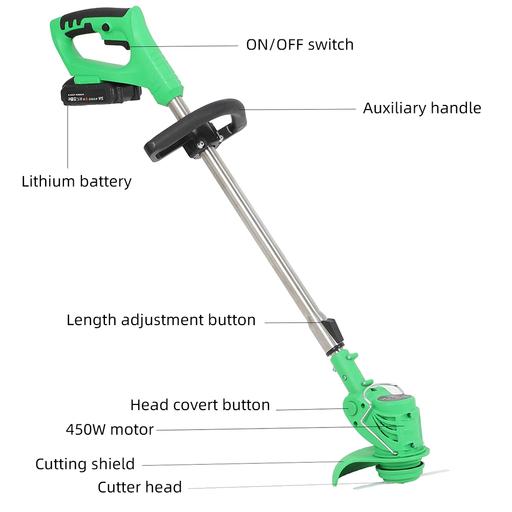 Cordless weed eater showing battery power, sleek design, ergonomic handle, ideal for grass trimming in gardens.
