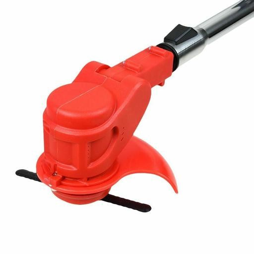Cordless weed eater showing battery power, sleek design, ergonomic handle, ideal for grass trimming in gardens.