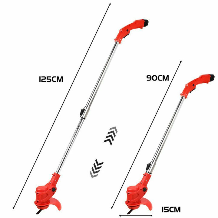 Cordless weed eater showing battery power, sleek design, ergonomic handle, ideal for grass trimming in gardens.