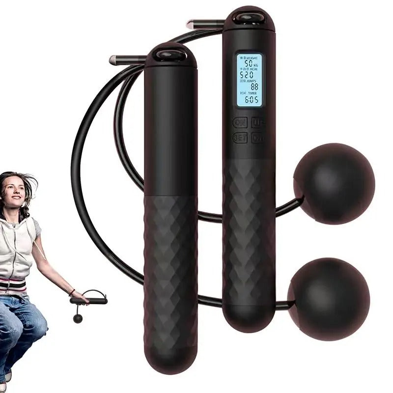 Cordless weighted jump rope with LCD counter, ergonomic anti-slip handles, ideal for home fitness and small spaces.