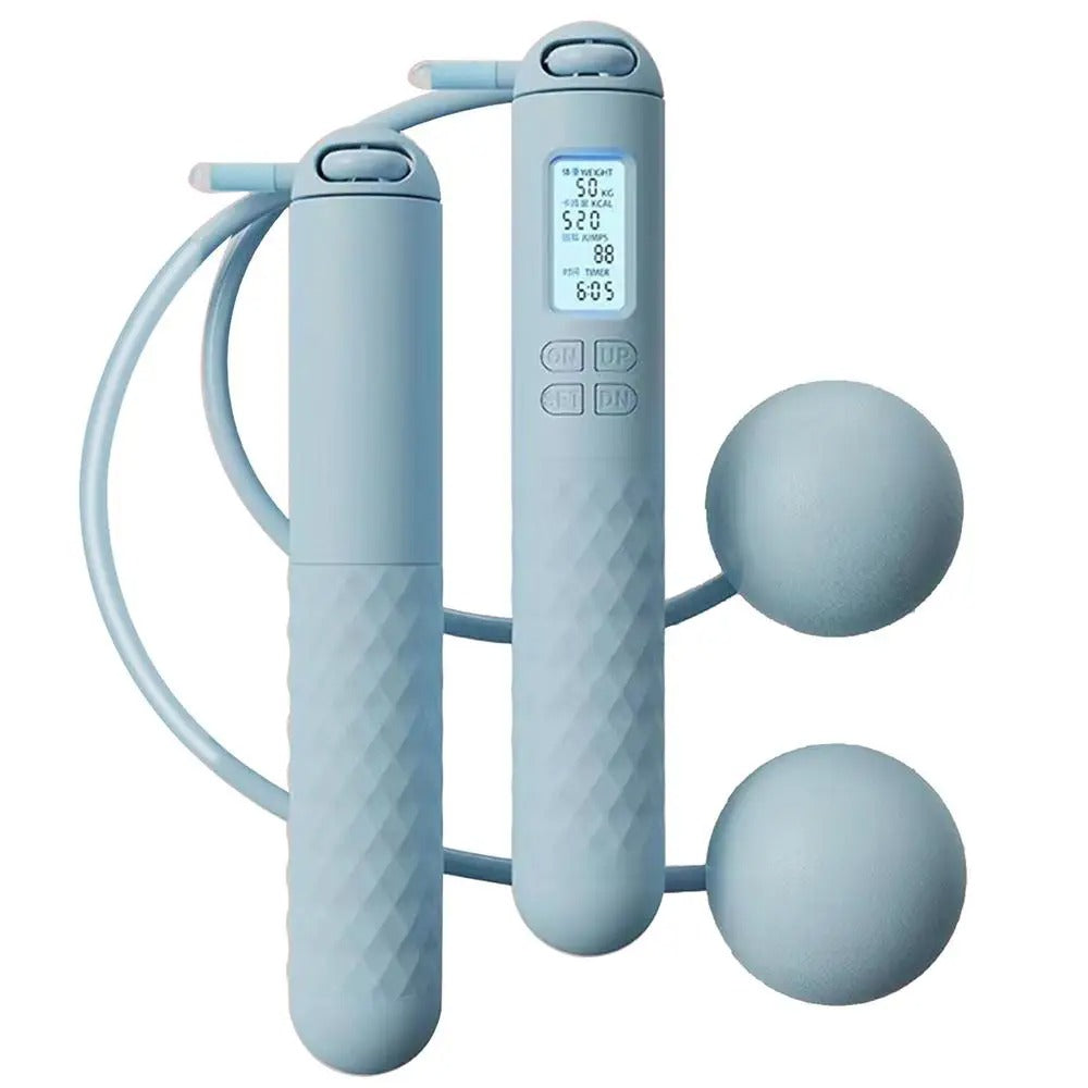 Cordless weighted jump rope with LCD counter, ergonomic anti-slip handles, ideal for home fitness and small spaces.