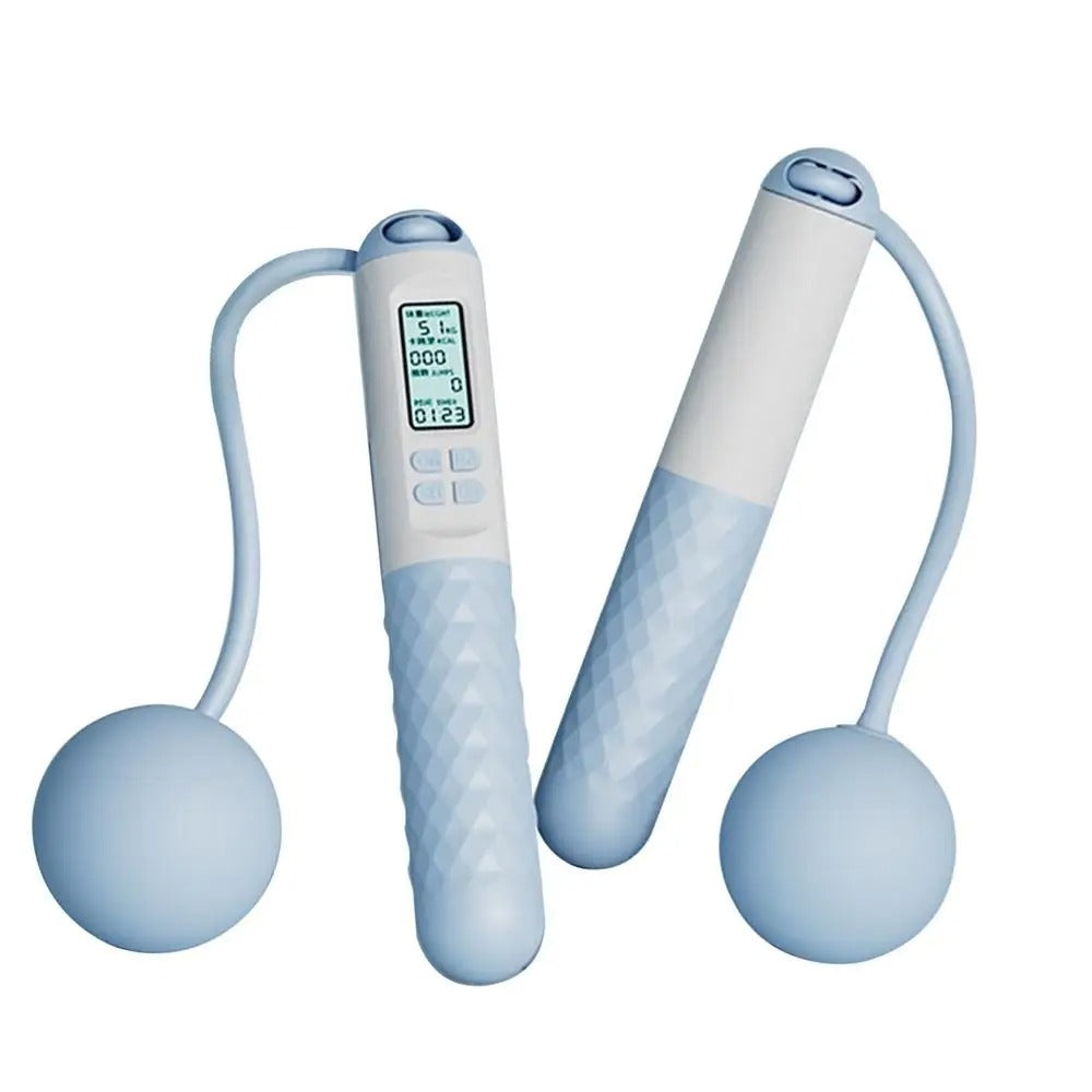Cordless weighted jump rope with LCD counter, ergonomic anti-slip handles, ideal for home fitness and small spaces.