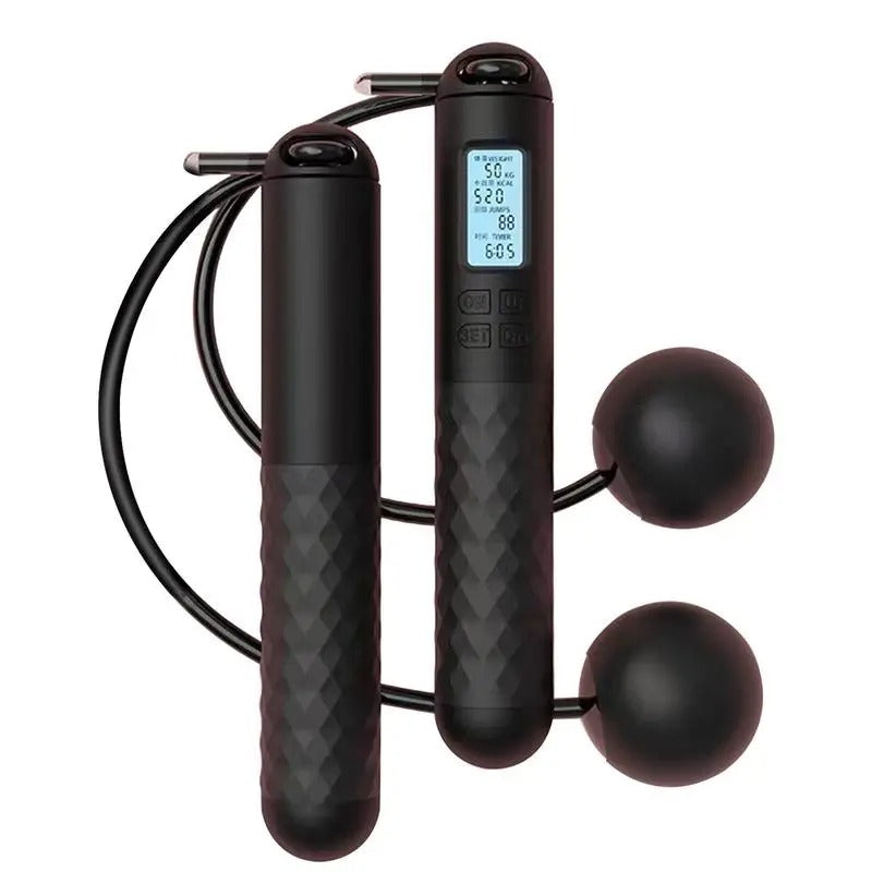 Cordless weighted jump rope with LCD counter, ergonomic anti-slip handles, ideal for home fitness and small spaces.