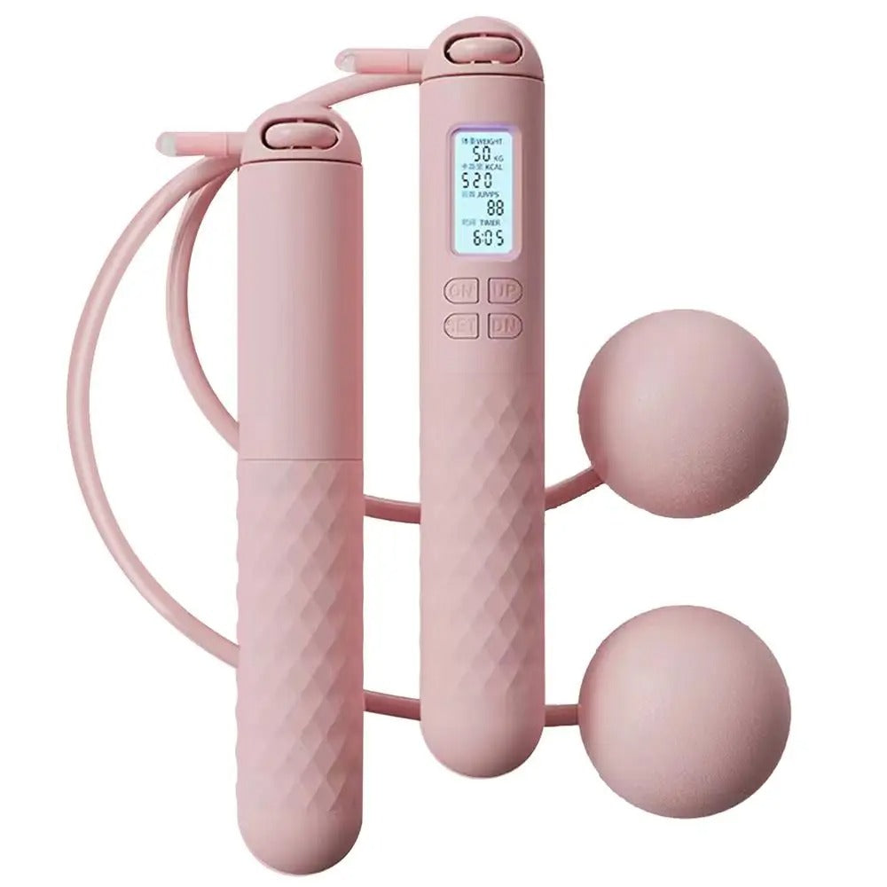 Cordless weighted jump rope with LCD counter, ergonomic anti-slip handles, ideal for home fitness and small spaces.