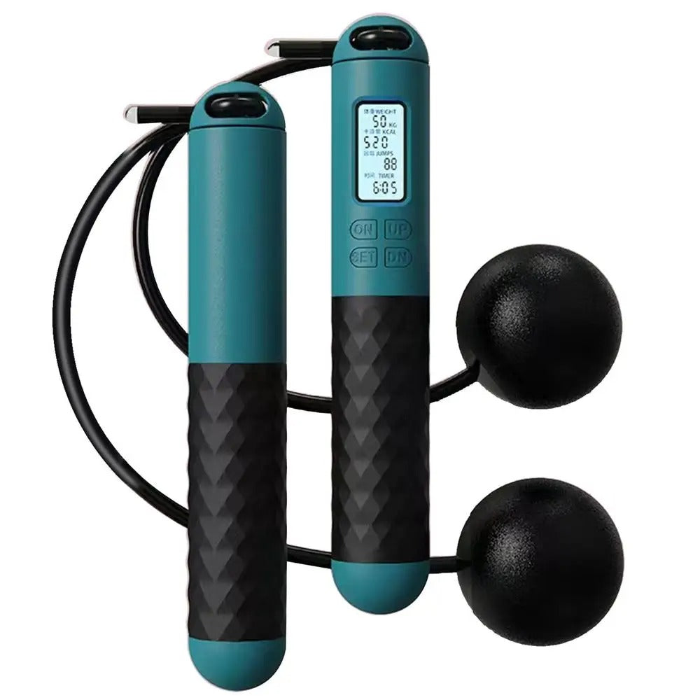 Cordless weighted jump rope with LCD counter, ergonomic anti-slip handles, ideal for home fitness and small spaces.