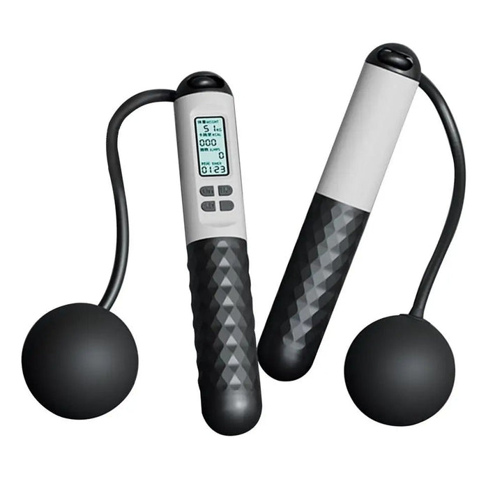 Cordless weighted jump rope with LCD counter, ergonomic anti-slip handles, ideal for home fitness and small spaces.