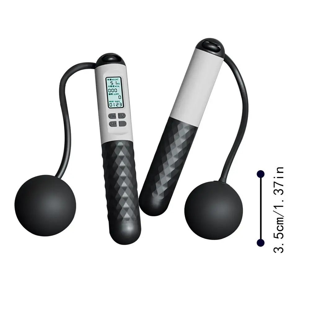 Cordless weighted jump rope with LCD counter, ergonomic anti-slip handles, ideal for home fitness and small spaces.