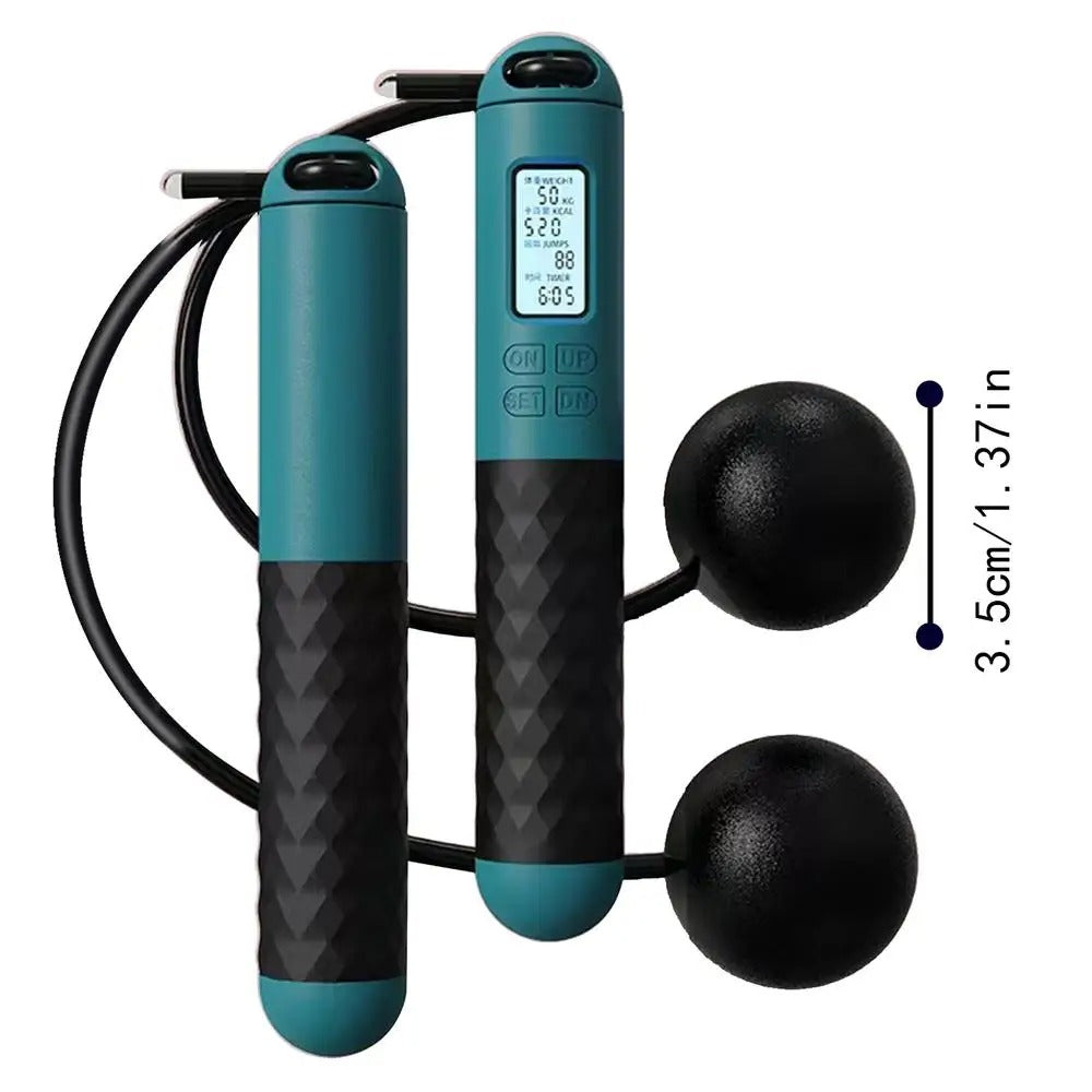 Cordless weighted jump rope with LCD counter, ergonomic anti-slip handles, ideal for home fitness and small spaces.