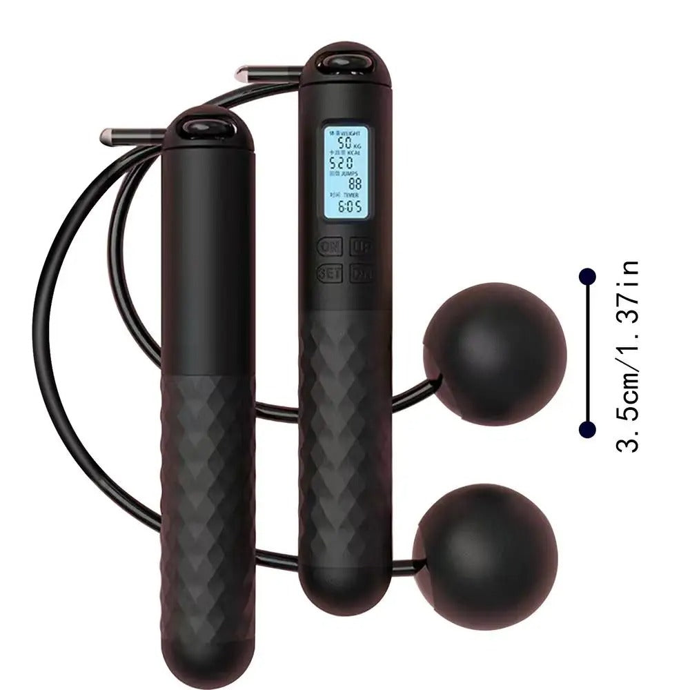Cordless weighted jump rope with LCD counter, ergonomic anti-slip handles, ideal for home fitness and small spaces.