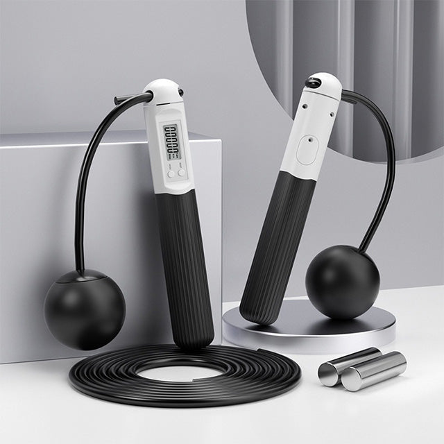 Cordless weighted skipping rope with digital counter, featuring ergonomic grips and sleek design for versatile cardio workout