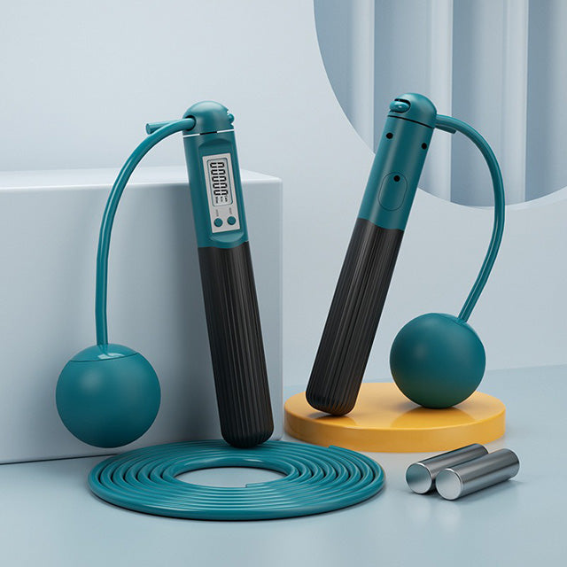 Cordless weighted skipping rope with digital counter, featuring ergonomic grips and sleek design for versatile cardio workout