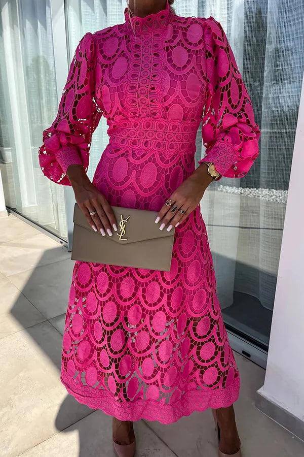 Elegant Lace Midi Dress with Puff Sleeves