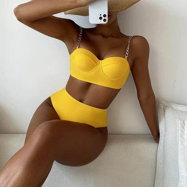 Women's High-Waisted Padded Bikini Set with Chain Detail