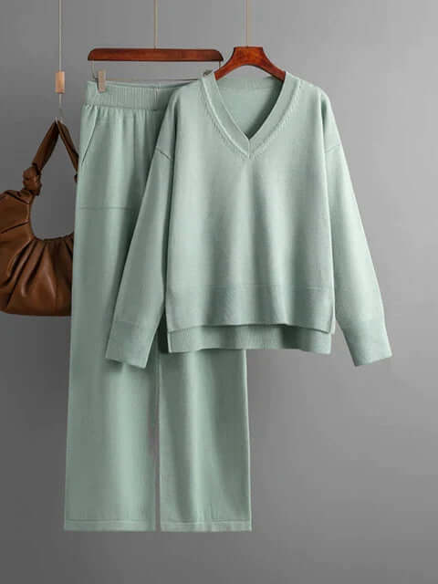 Women's V-Neck Sweater & Wide Leg Trousers Set