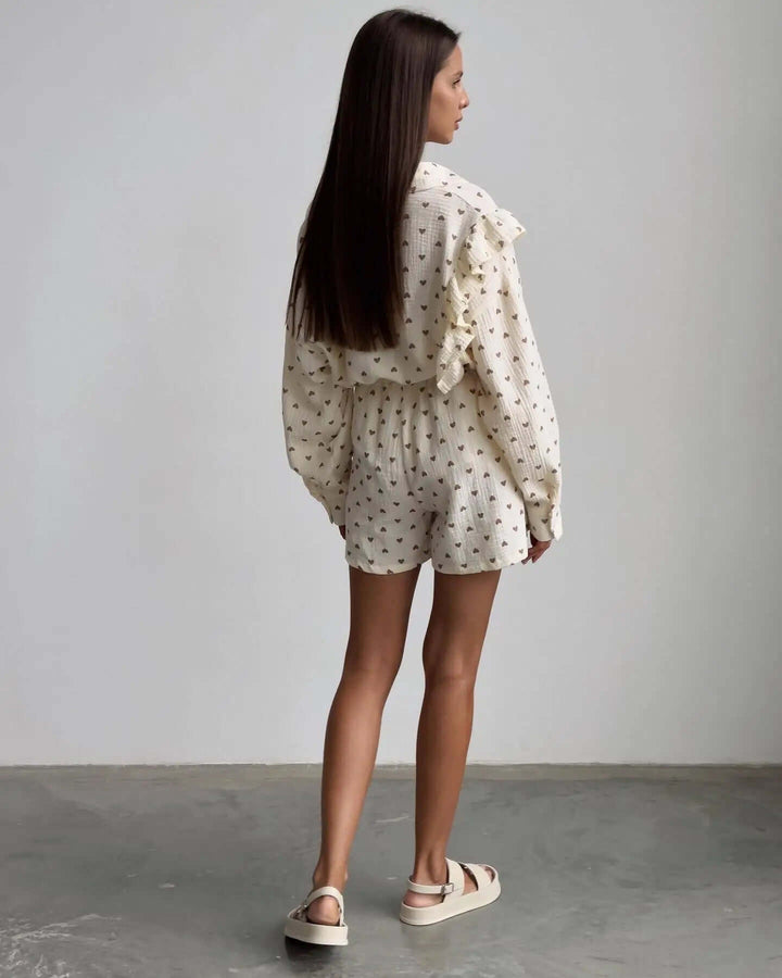Women's Summer Co-ord Set: Ruffled Blouse & High-Waisted Shorts