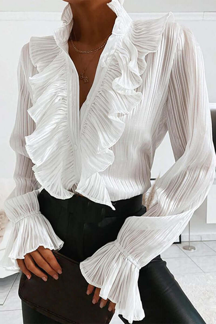 Women's Checkered V-Neck Long-Sleeve Blouse