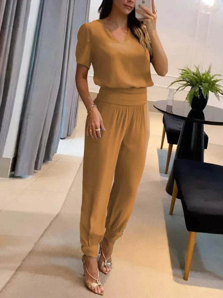 Women's Relaxed Fit Two-Piece Set: V-Neck Top & Elastic Waist Pants