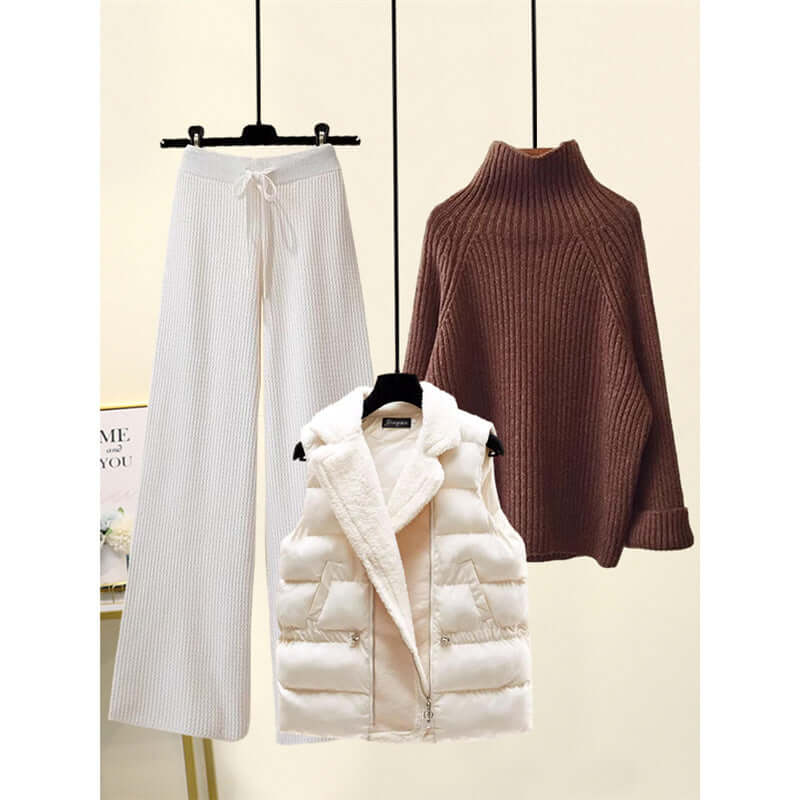 Women's Cotton 3-Piece Set: Cardigan, Turtleneck, High-Waisted Pants