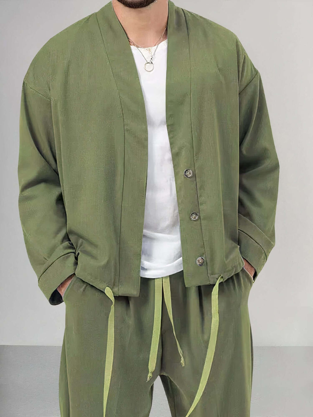 Men's Relaxed Kimono Jacket & Trousers Set: Breathable Cotton Blend