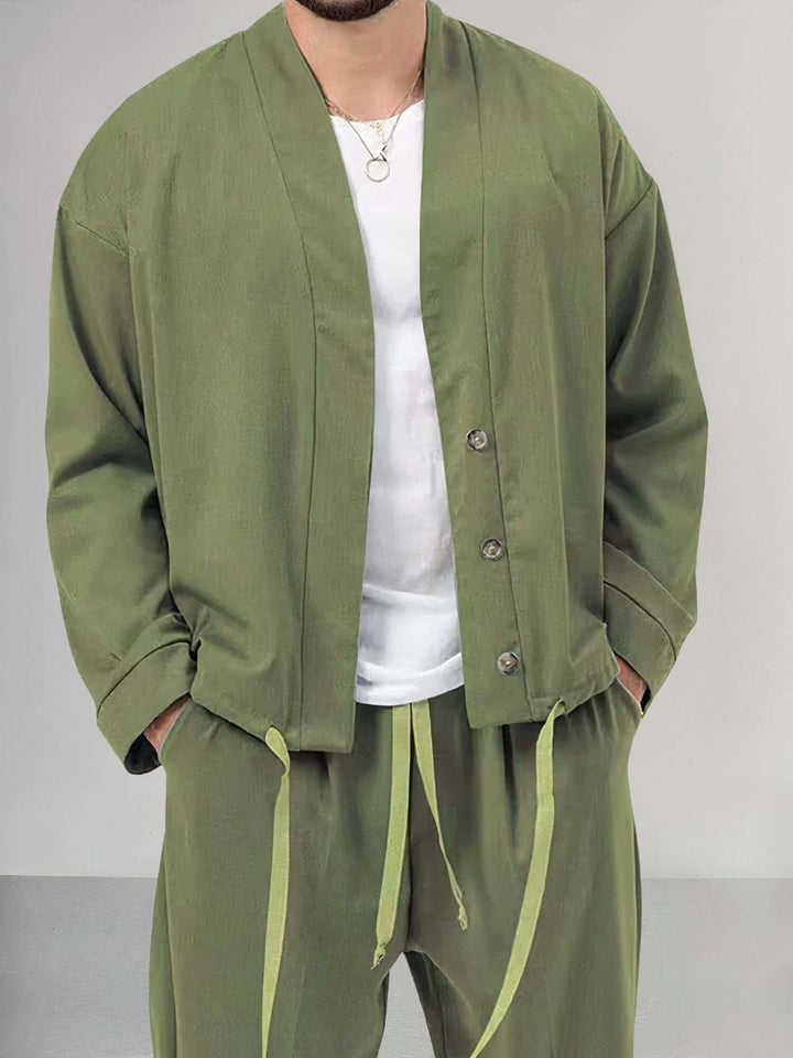 Men's Relaxed Kimono Jacket & Trousers Set: Breathable Cotton Blend