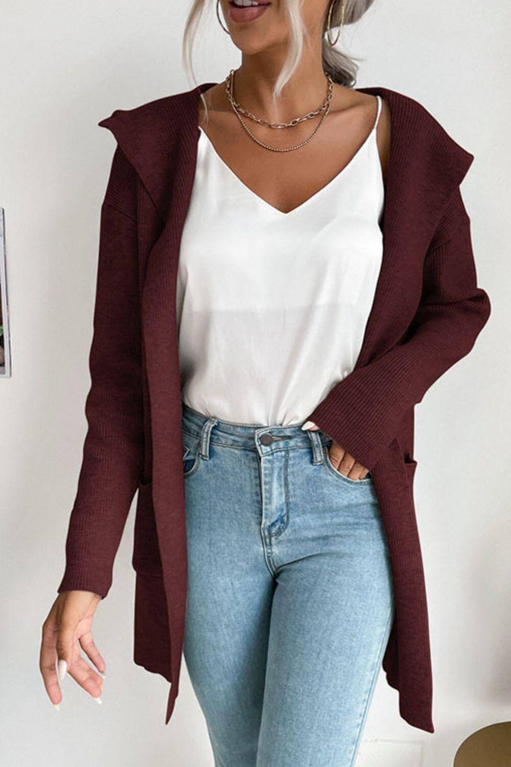 Women's Hooded Ribbed Cardigan: Cozy & Stylish Open-Front Knit