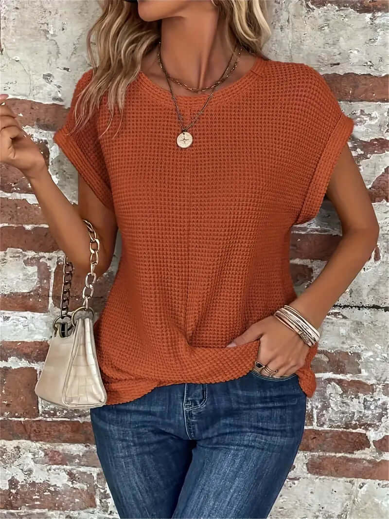 Lightweight Breathable Cotton Blend Top - Casual Round Neck Short Sleeve