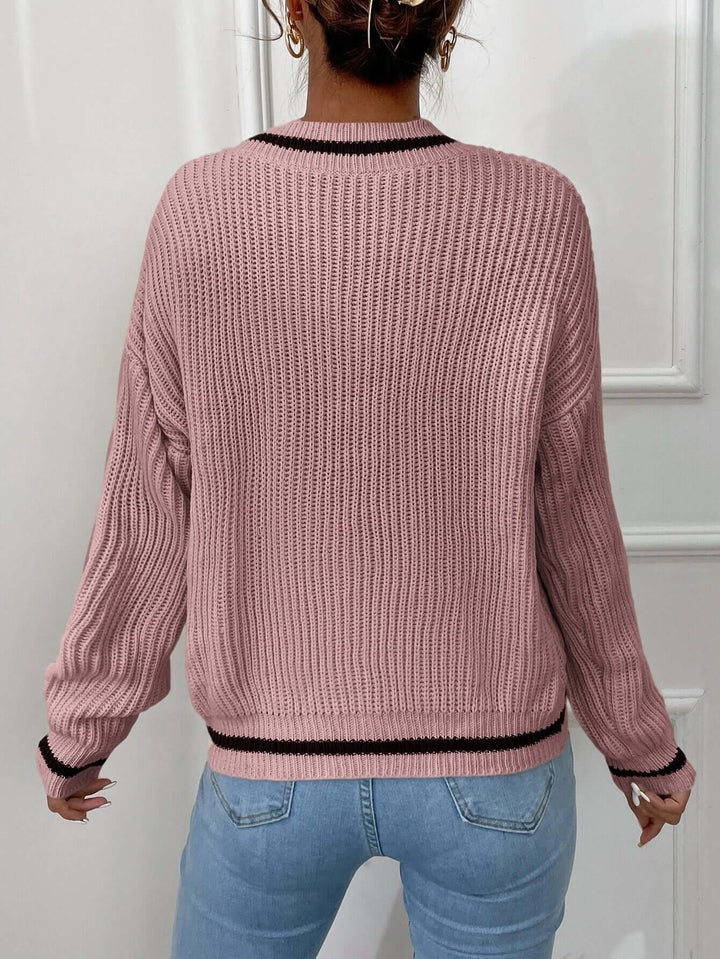 Women's Striped V-Neck Relaxed Fit Sweater