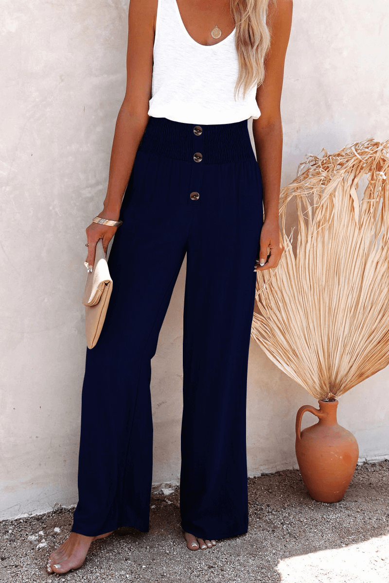 Women's Wide Leg Casual Trousers with Button Closure