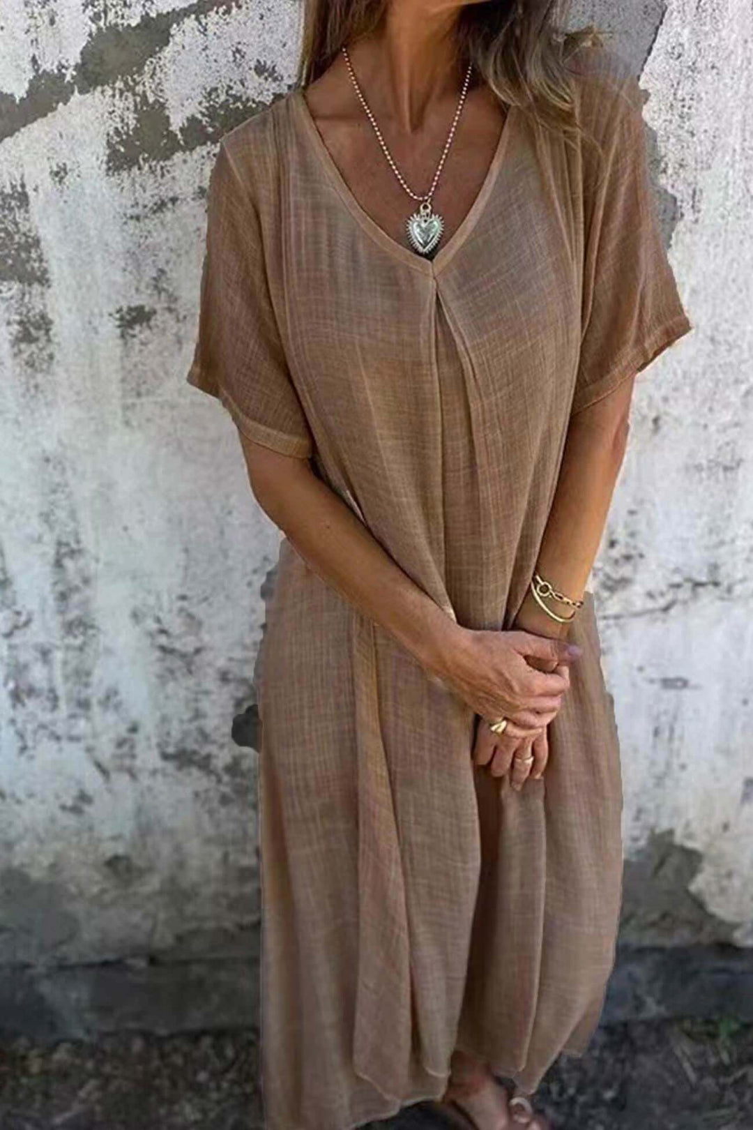 Lightweight Linen Midi Dress: V-Neck, Short Sleeves