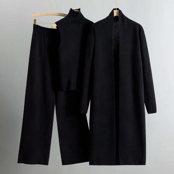 Women's Knitted 3-Piece Set: Sleeveless Top, Cardigan & Wide Leg Pants