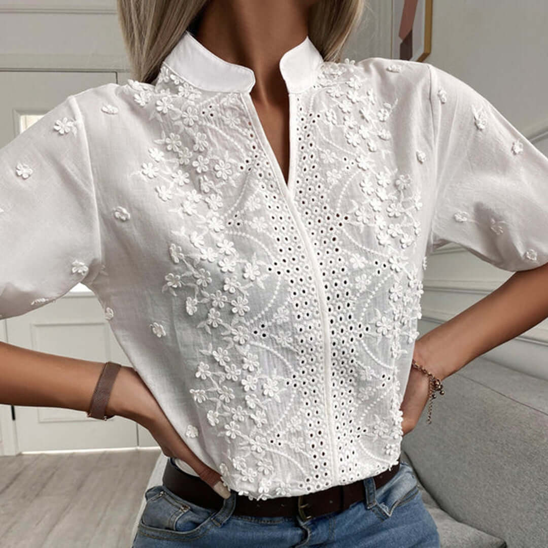Women's Cotton Blouse: Embroidered, Mandarin Collar