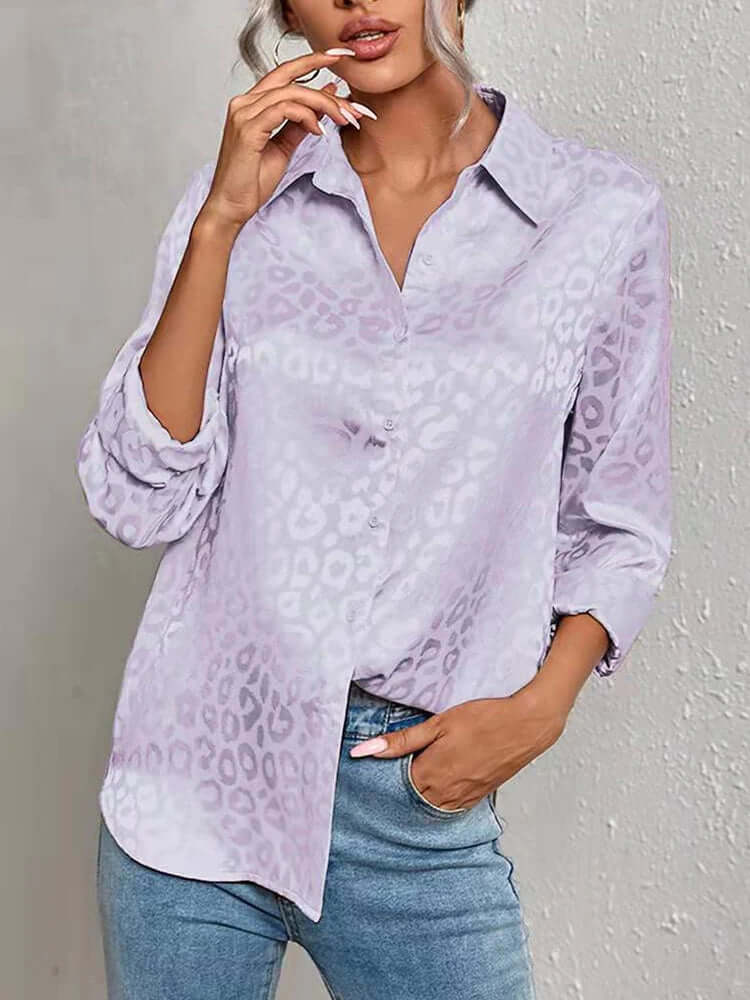 Women's Leopard Print Jacquard Blouse: Stylish Long-Sleeve Top