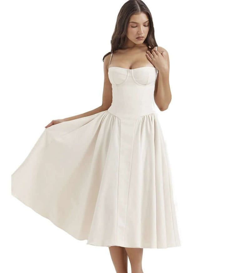 Elegant A-Line Midi Dress with Spaghetti Straps