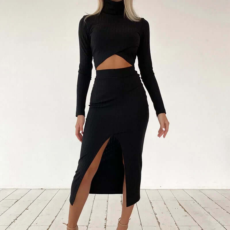 Women's Ribbed Knit Two-Piece Set: Crop Top & Midi Skirt