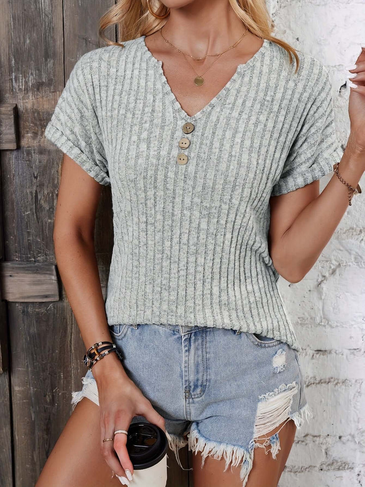 Women's Short Sleeve Ribbed Knit V-Neck Top