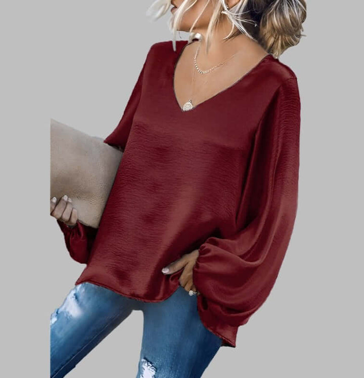 Women's V-Neck Lantern Sleeve Satin Blouse