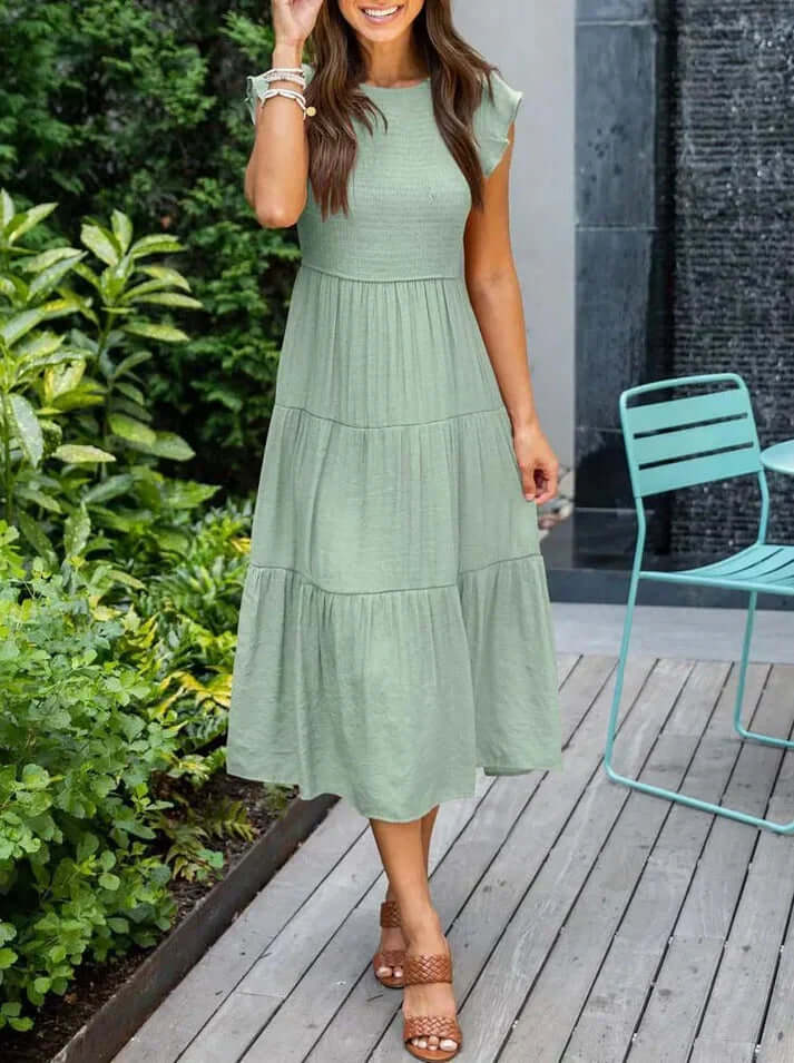 Elegant Pleated A-Line Midi Dress with Flying Sleeves