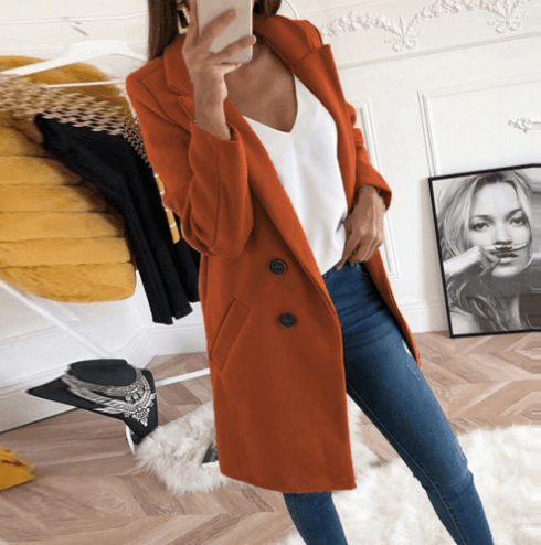 Women's Lapel Collar Double Breasted Wool Blend Coat