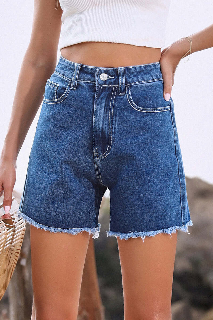 Women's Denim Shorts: Raw Hem, Solid Color