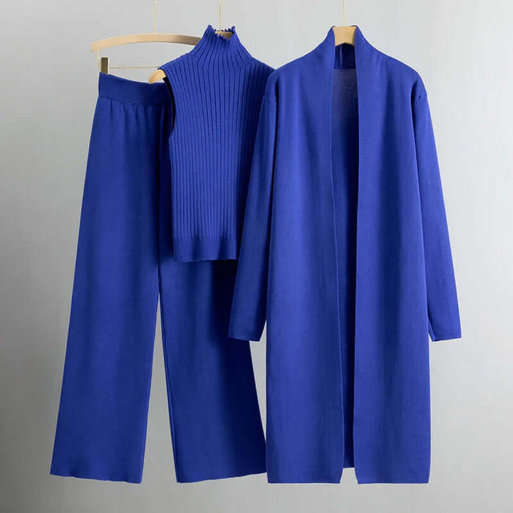 Women's Knitted 3-Piece Set: Sleeveless Top, Cardigan & Wide Leg Pants