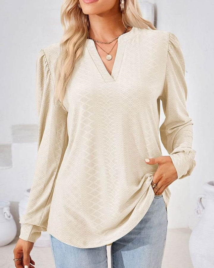 Women's V-Neck Puff Sleeve Blouse: Loose Fit, Elegant Style