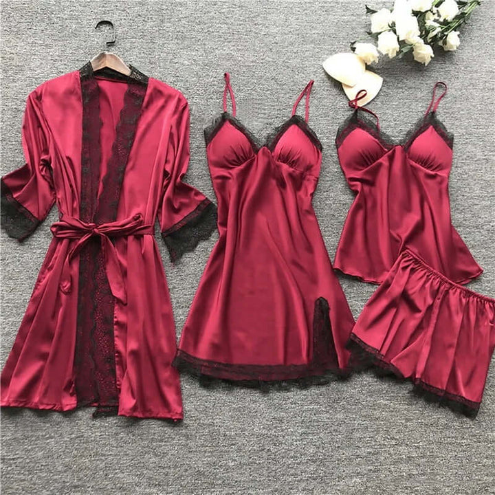 Women's Satin Loungewear Set with Lace Trim